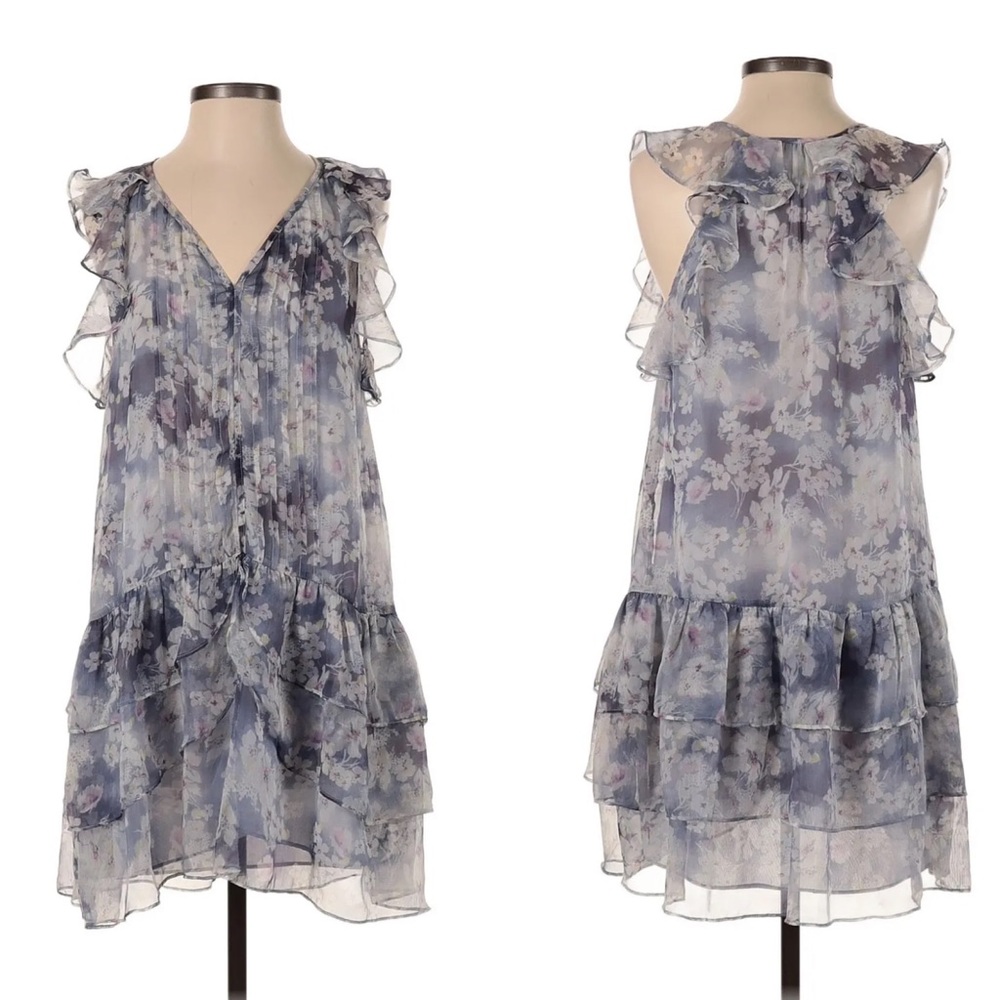 Aqua Floral Print Tiered Ruffle Dress